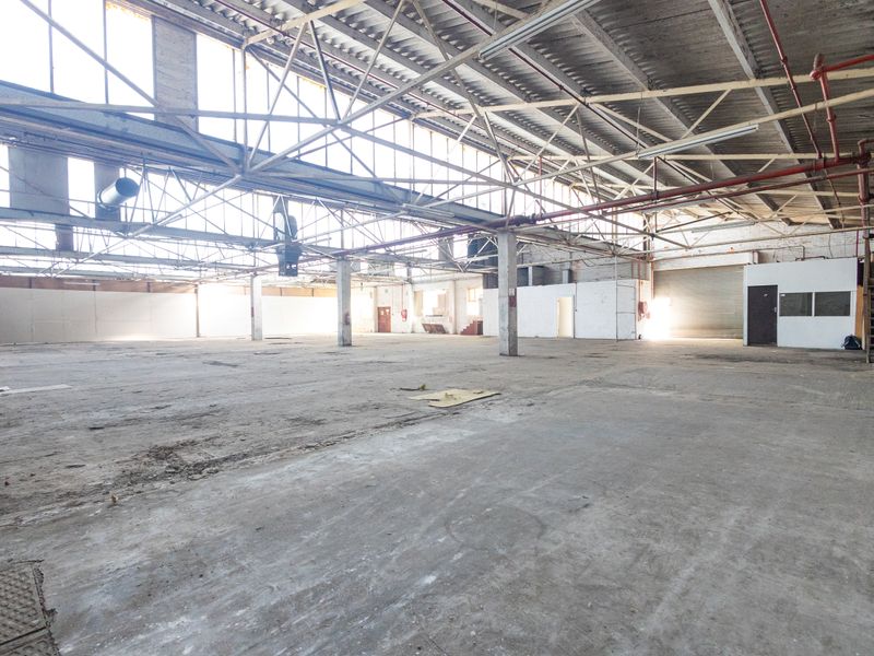 Expansive industrial warehouse space featuring high ceilings with exposed steel trusses, concrete flooring, and a large roller shutter door for vehicle access.