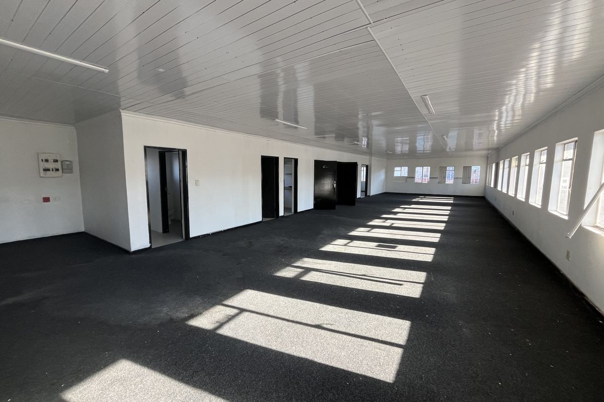 Spacious, open-plan office area featuring a suspended ceiling, carpeted flooring, and abundant natural light through multiple windows.
