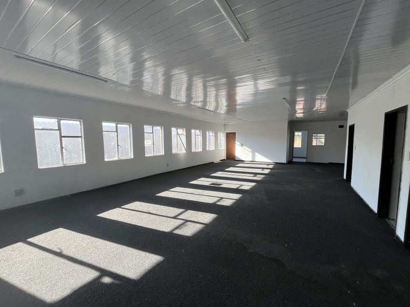 Spacious, open-plan office area featuring large windows, carpeted flooring, and a clean, functional ceiling design, suitable for a professional workspace.