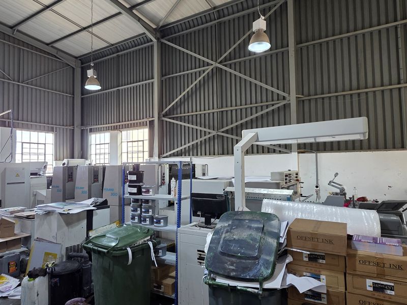 Industrial warehouse space featuring high ceilings, steel portal frame construction, and large steel-framed windows providing natural light for operational use.