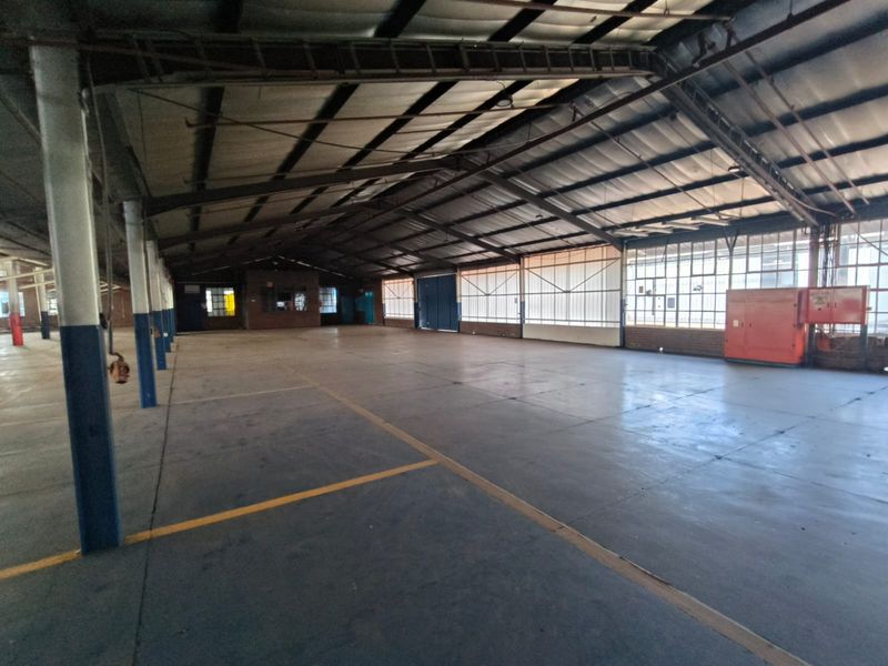 Spacious industrial warehouse featuring high ceilings with exposed steel trusses, concrete flooring, and large steel-framed windows providing ample natural light.