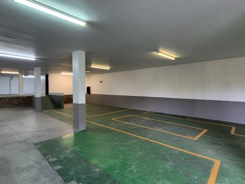 Spacious industrial garage area featuring concrete flooring with painted parking demarcations, support columns, and overhead fluorescent lighting.
