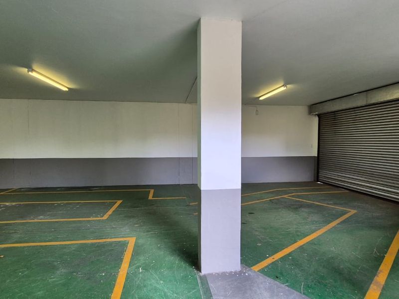 Spacious industrial garage area featuring a roller shutter door, painted concrete flooring with marked parking bays, and overhead fluorescent lighting.