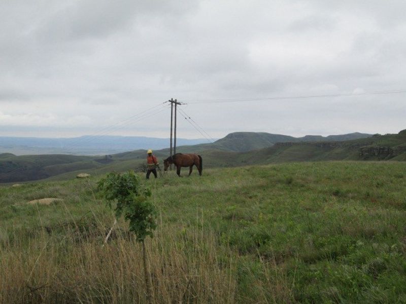 A wide landscape view of the farm property featuring open grazing land, rolling hills, and visible utility infrastructure under a cloudy sky.