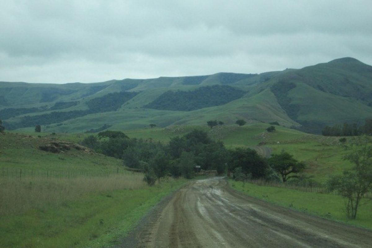 A view of a rural dirt access road leading through open farmland towards rolling green hills.