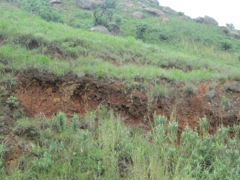 A view of the natural farm landscape featuring rocky terrain and visible soil erosion on the hillside.