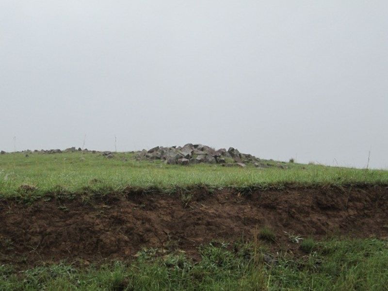 An open, undeveloped grassy field on the farm property featuring natural rock formations and an exposed soil embankment.