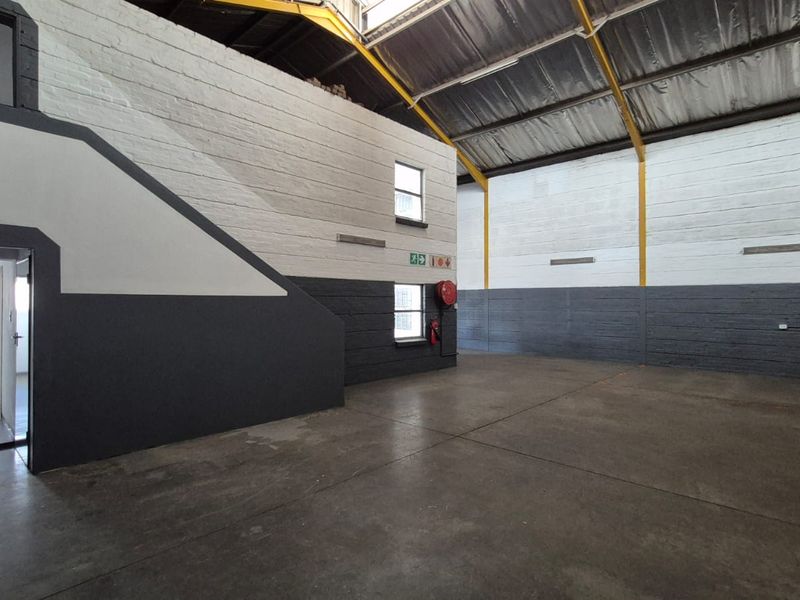 Spacious industrial utility area featuring high ceilings with exposed steel trusses, concrete flooring, and freshly painted masonry walls.
