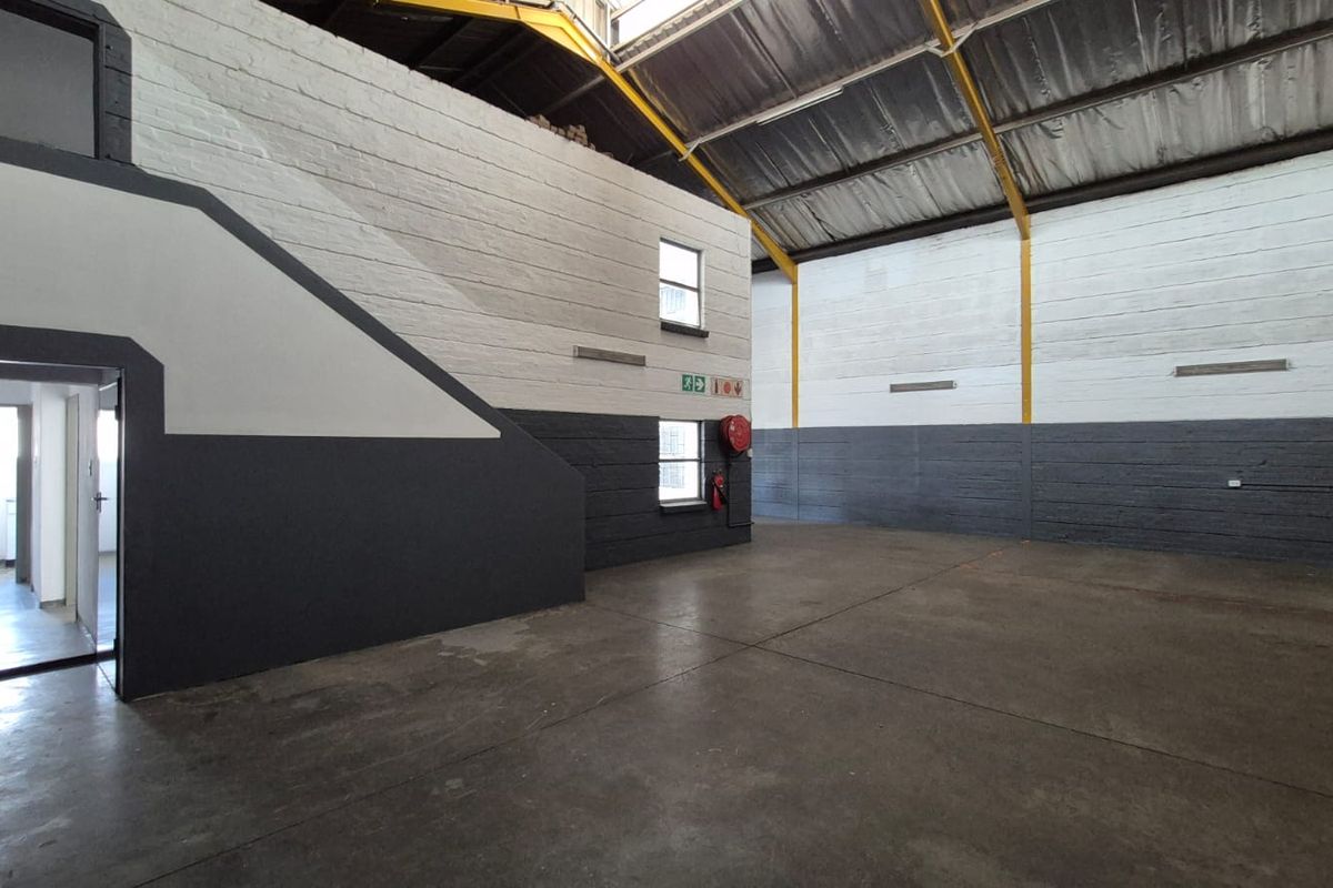 Spacious industrial utility area featuring high ceilings with exposed steel trusses, concrete flooring, and freshly painted masonry walls.