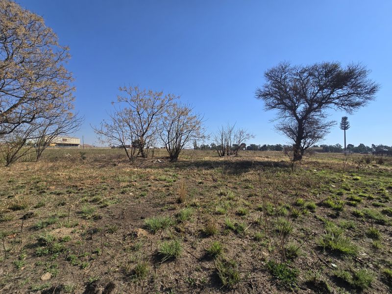 A wide-angle view of an undeveloped commercial land plot featuring natural vegetation and open space under a clear blue sky.