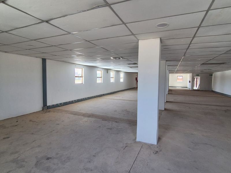 A large, open-plan office space featuring a suspended ceiling, recessed lighting, and security-barred windows, currently vacant and ready for custom fit-out.