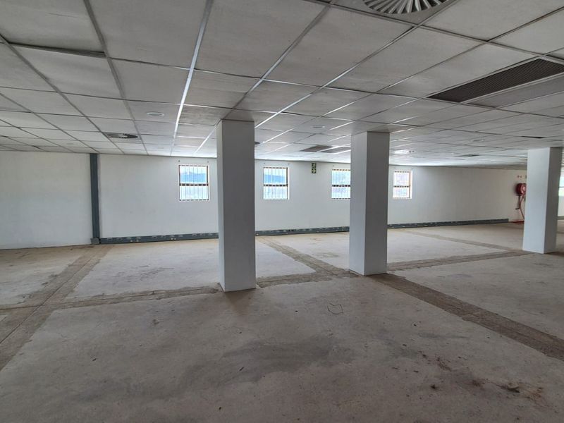 A large, open-plan office space featuring structural columns, a suspended ceiling with recessed lighting, and security-barred windows, currently in a shell-like condition.