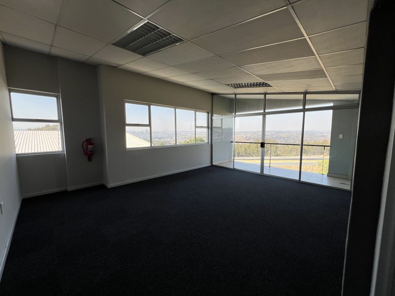 A bright, empty office space featuring a suspended ceiling, carpeted flooring, and large windows with expansive views and access to a balcony.