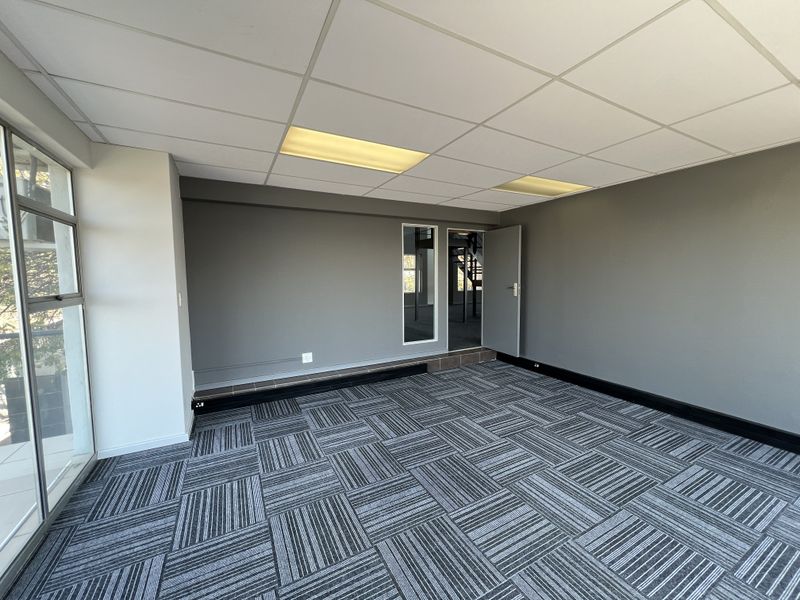A clean, vacant office space featuring modern carpet tiles, a suspended ceiling with recessed lighting, and large windows providing natural light.