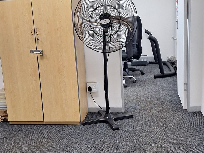 A functional office space featuring grey carpet flooring, a suspended ceiling, and a doorway leading to an adjacent room.