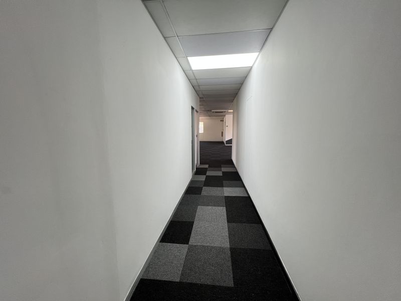 A clean, empty office hallway featuring a suspended ceiling with recessed lighting and modern grey-toned carpet tiles.