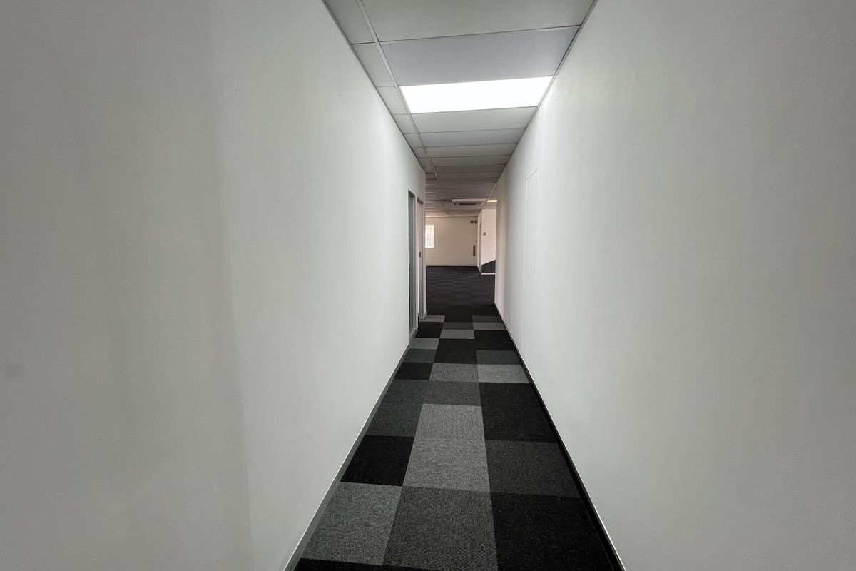 A clean, empty office hallway featuring a suspended ceiling with recessed lighting and modern grey-toned carpet tiles.