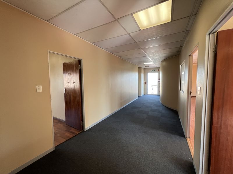 A spacious office hallway featuring a suspended ceiling, recessed lighting, and carpeted flooring, providing access to multiple office rooms.
