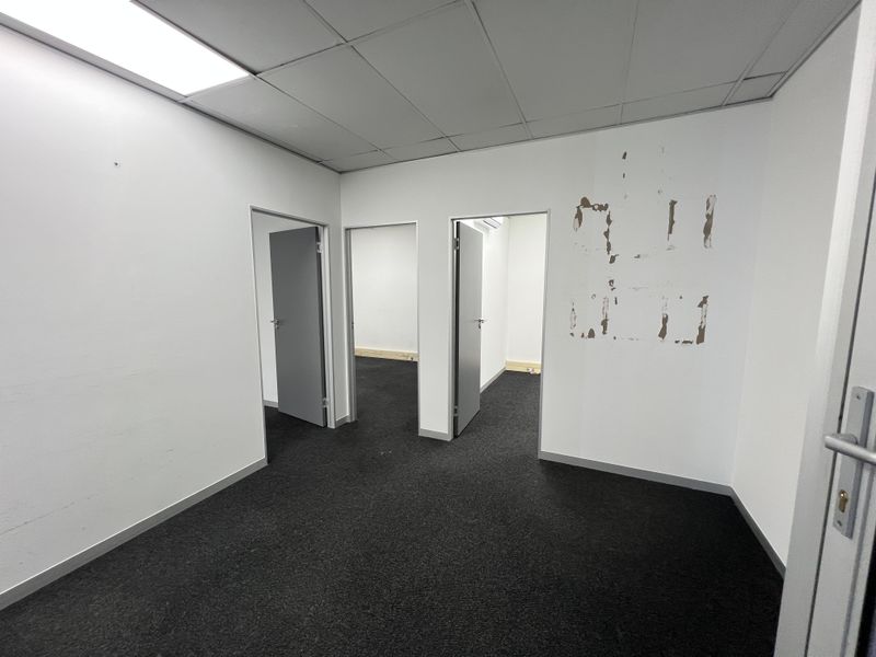 An empty office space featuring dark carpet flooring, a suspended ceiling with recessed lighting, and multiple internal doorways leading to adjacent rooms.
