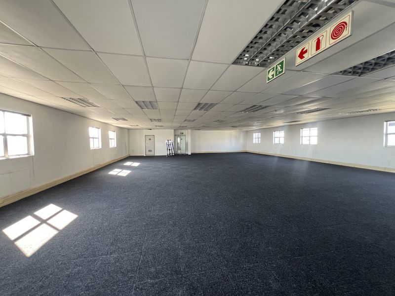 A large, open-plan office space featuring carpeted flooring, a suspended ceiling with recessed lighting, and multiple windows providing natural light.