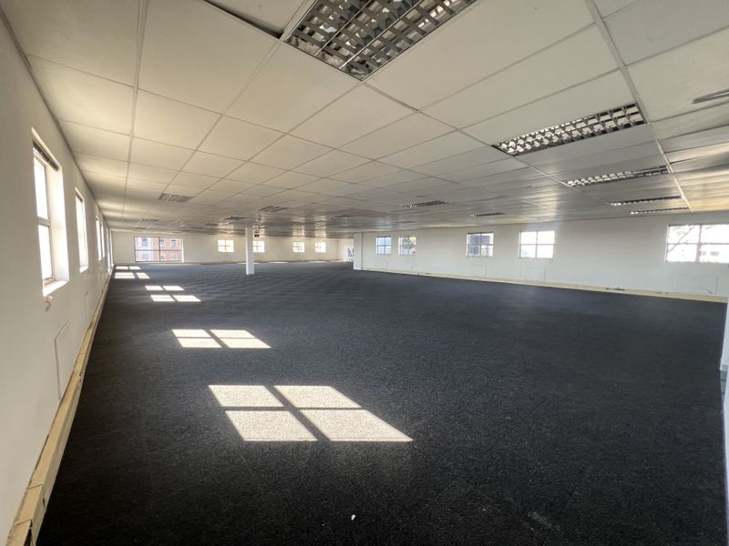 A large, open-plan office space featuring a suspended ceiling with recessed lighting, dark carpeting, and multiple windows providing natural light.