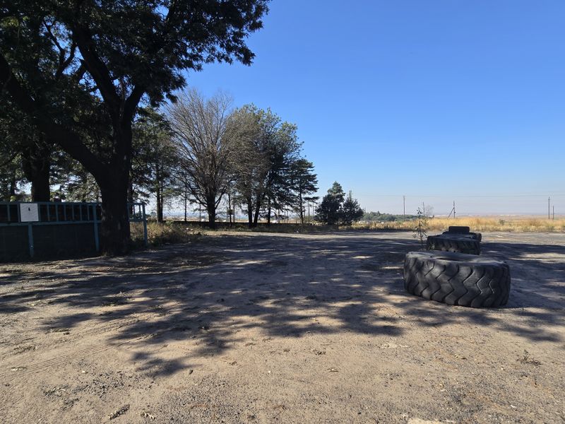 An expansive, open industrial yard area featuring a dirt surface, perimeter fencing, and mature trees under a clear sky.