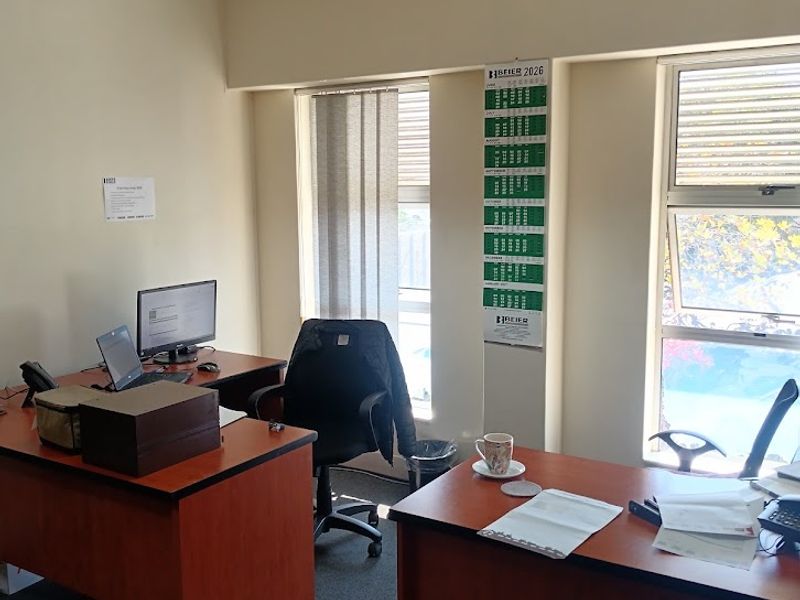 A functional office space featuring carpeted flooring, a suspended ceiling with recessed lighting, and large windows providing natural light.