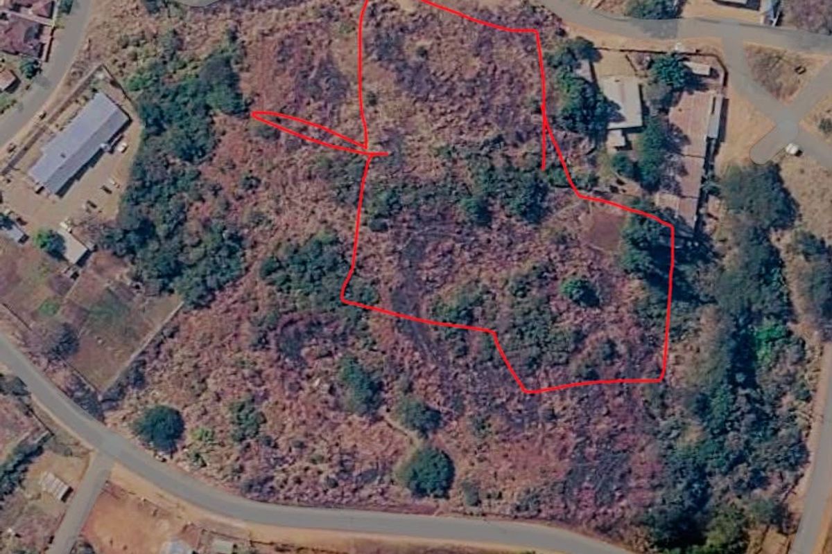 Aerial view of a vacant commercial land plot with natural vegetation and defined boundary lines.