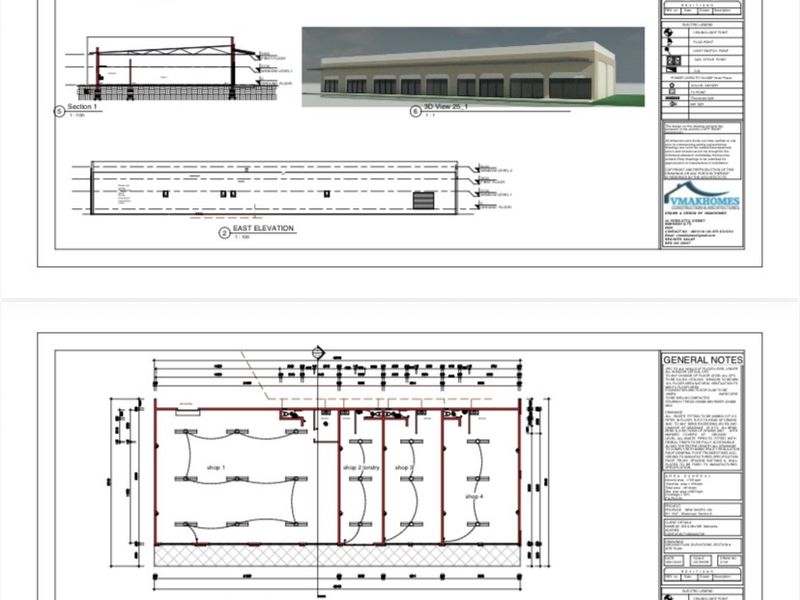 Architectural floor plans, elevations, and site plan for a proposed commercial development featuring multiple shop units.