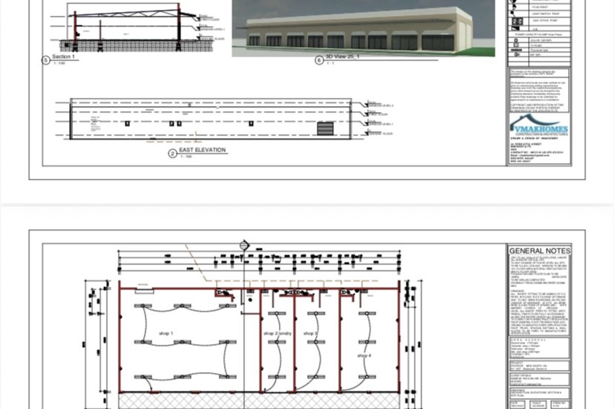 Architectural floor plans, elevations, and site plan for a proposed commercial development featuring multiple shop units.