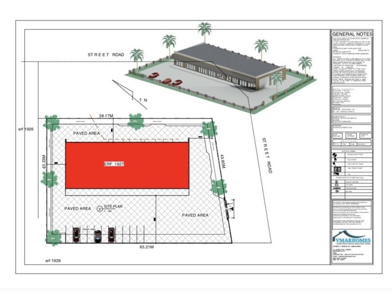 A detailed site plan and architectural rendering for a commercial property, showing the building footprint, paved areas, and street access.