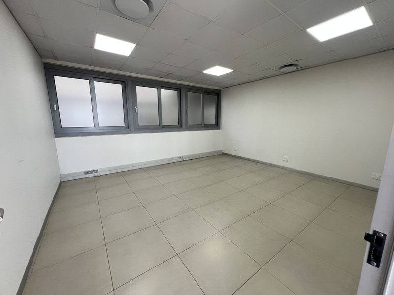 A clean, empty office space featuring neutral tiled flooring, a suspended ceiling with recessed lighting, and large aluminium-framed windows providing natural light.