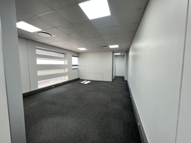 A clean, vacant office space featuring a suspended ceiling with recessed lighting, dark carpeting, and horizontal windows providing natural light.