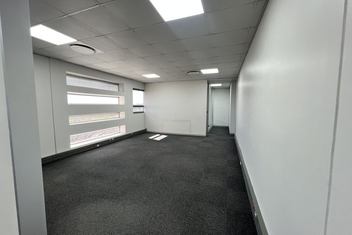 A clean, vacant office space featuring a suspended ceiling with recessed lighting, dark carpeting, and horizontal windows providing natural light.