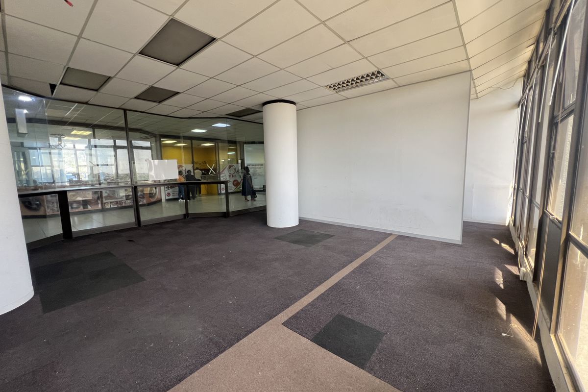 Empty open-plan retail space featuring suspended ceilings, structural columns, glass partitioning, and carpeted flooring, suitable for various commercial business layouts.