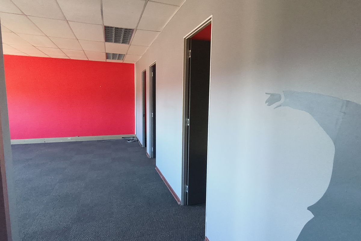 An empty office space featuring a suspended ceiling, recessed lighting, carpet flooring, and multiple internal doorways with a prominent red accent wall.