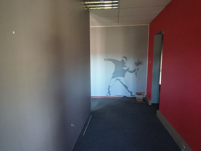 An empty office space featuring a suspended ceiling, fluorescent lighting, and carpeted flooring, currently showing signs of wear on the walls and floor.