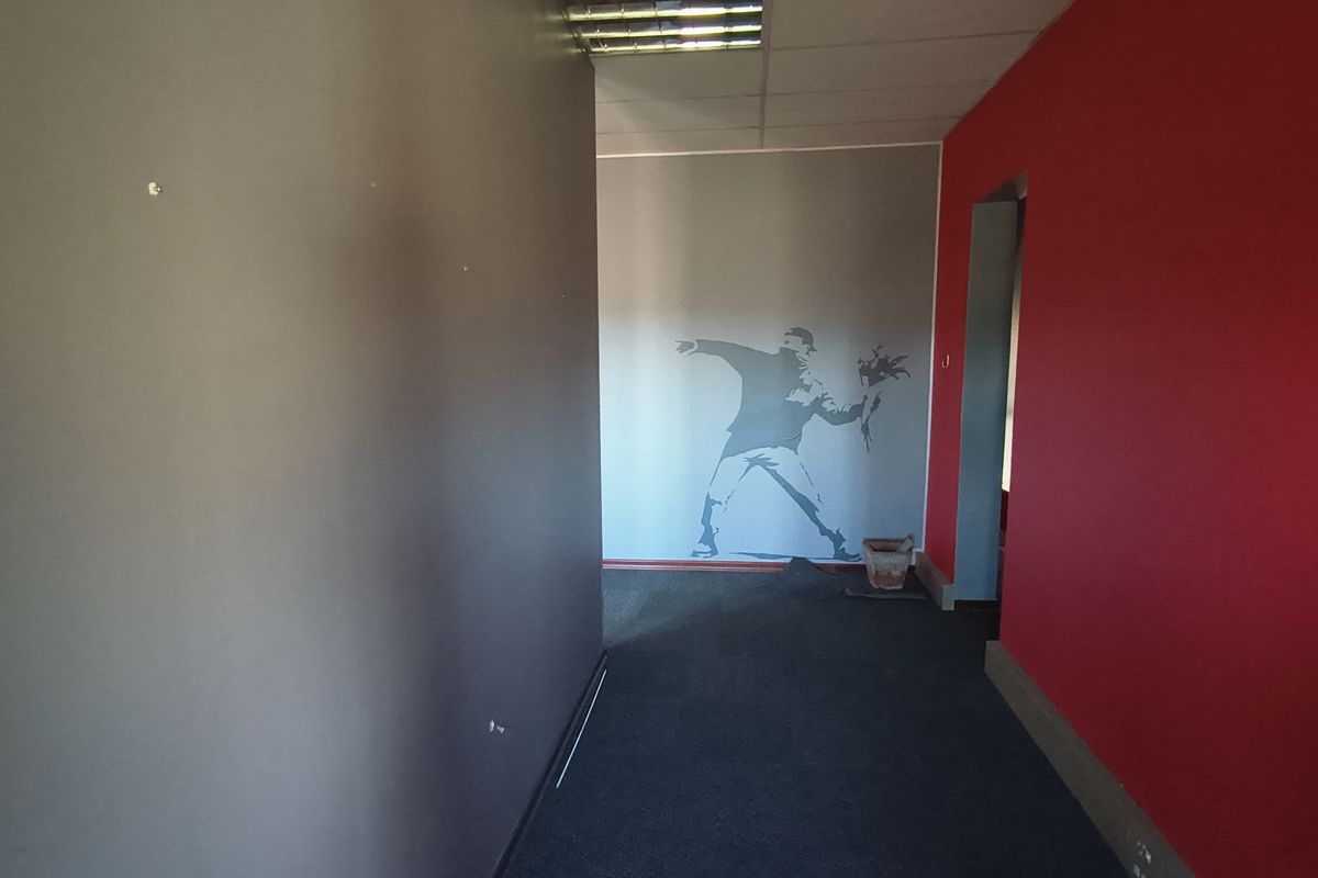 An empty office space featuring a suspended ceiling, fluorescent lighting, and carpeted flooring, currently showing signs of wear on the walls and floor.