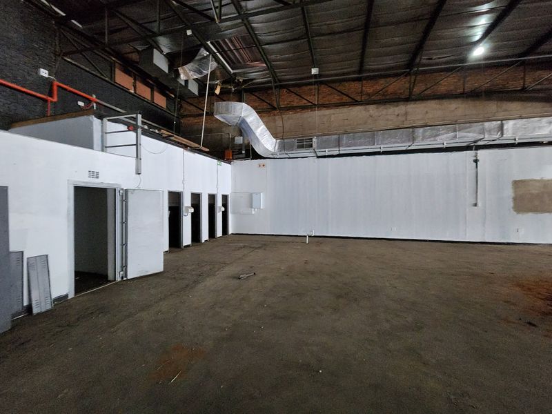 Spacious industrial utility area featuring exposed roof structure, HVAC ducting, and multiple internal access points, suitable for warehouse or commercial workshop conversion.
