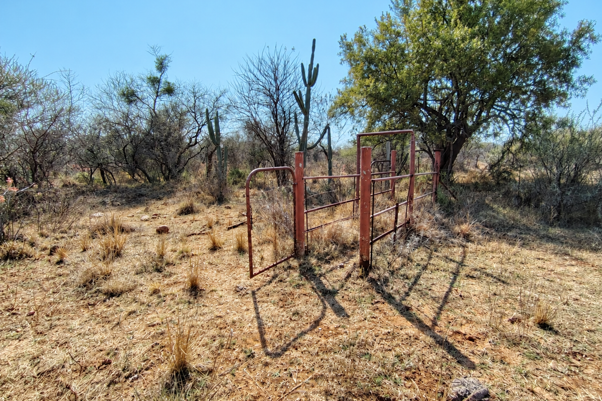 A view of a vacant commercial land plot featuring a weathered metal gate and wire fencing amidst natural desert vegetation.