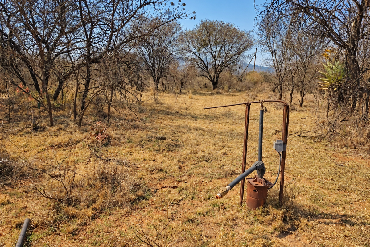 A view of the vacant land featuring a borehole pump installation set within a natural, dry landscape with scattered trees.