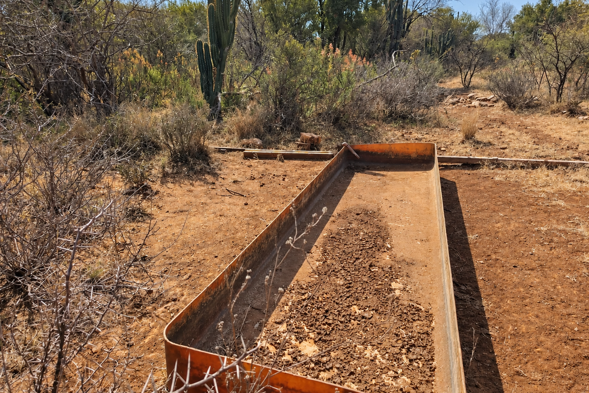A view of a vacant commercial land plot featuring a weathered metal water trough set within a natural, arid landscape.