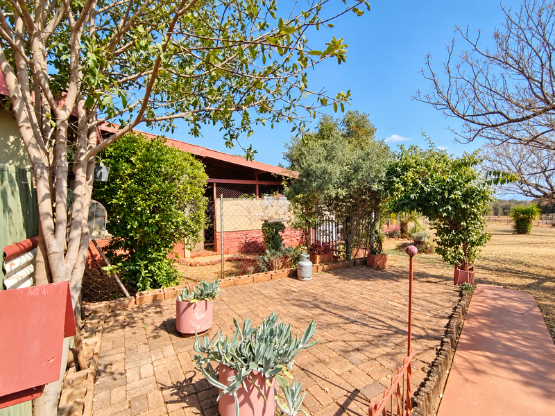 A paved outdoor patio area featuring brick flooring, chain link fencing, and mature landscaping, providing a functional space for outdoor living on the farm.