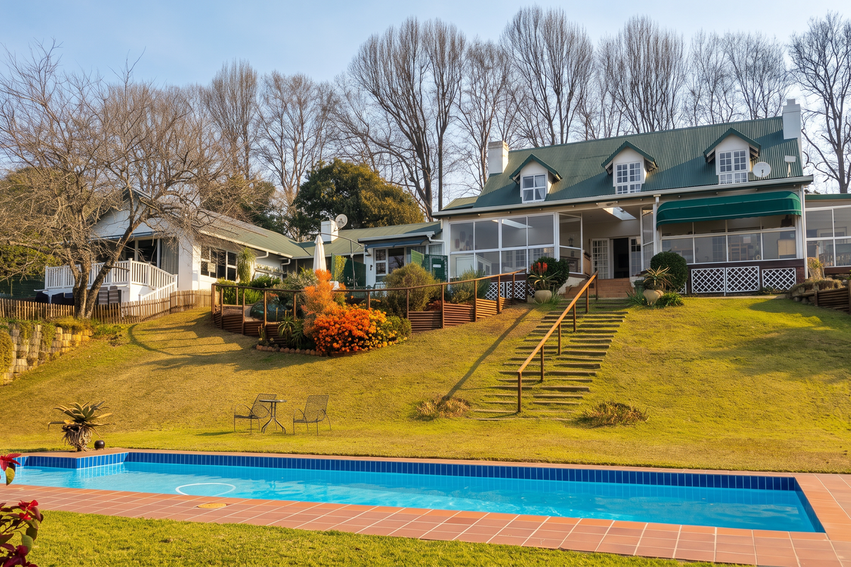 Rear view of the guest house featuring a swimming pool, landscaped lawn, timber staircase, and an enclosed patio area with a metal roof.