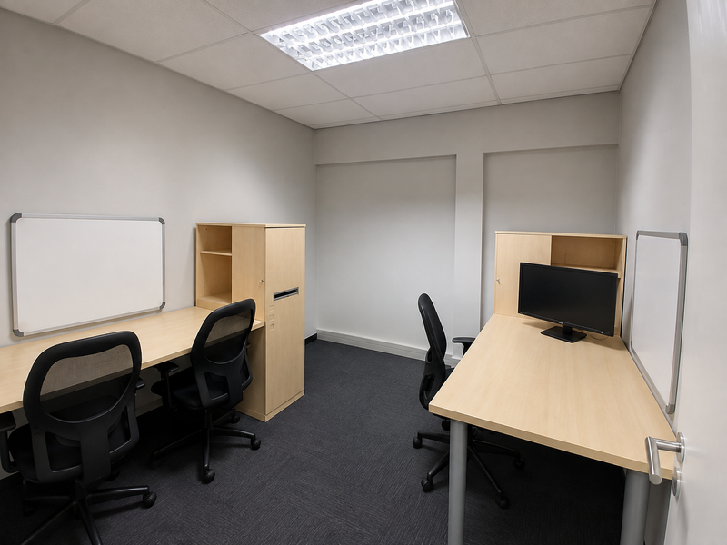 A functional office space featuring built-in desk workstations, wall-mounted whiteboards, recessed ceiling lighting, and dark carpet flooring.