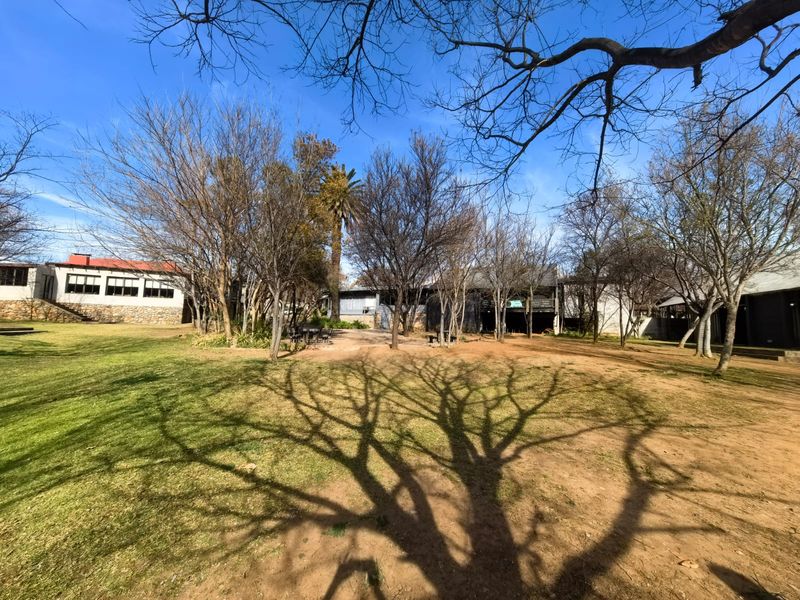 A spacious outdoor garden area featuring mature trees, a lawn, and stone retaining walls, providing a natural setting for the property.