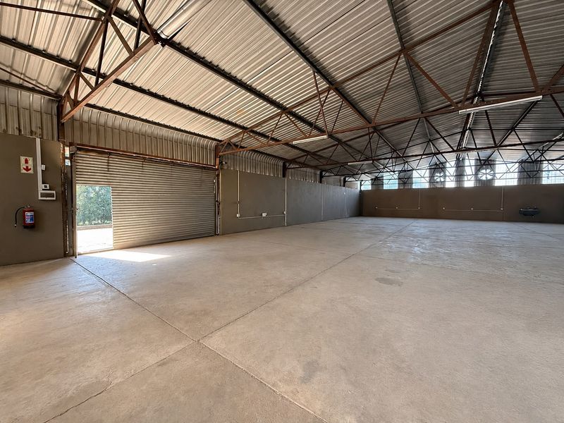 Spacious industrial warehouse unit featuring concrete flooring, high-clearance metal roof structure, and a large roller shutter door for easy access.