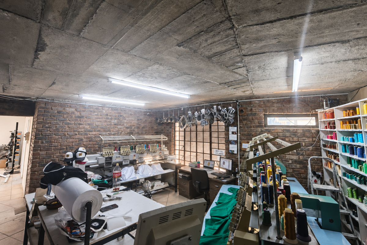 A functional utility workspace featuring exposed brick walls, raw concrete ceiling, fluorescent lighting, and extensive built-in shelving for organized storage.