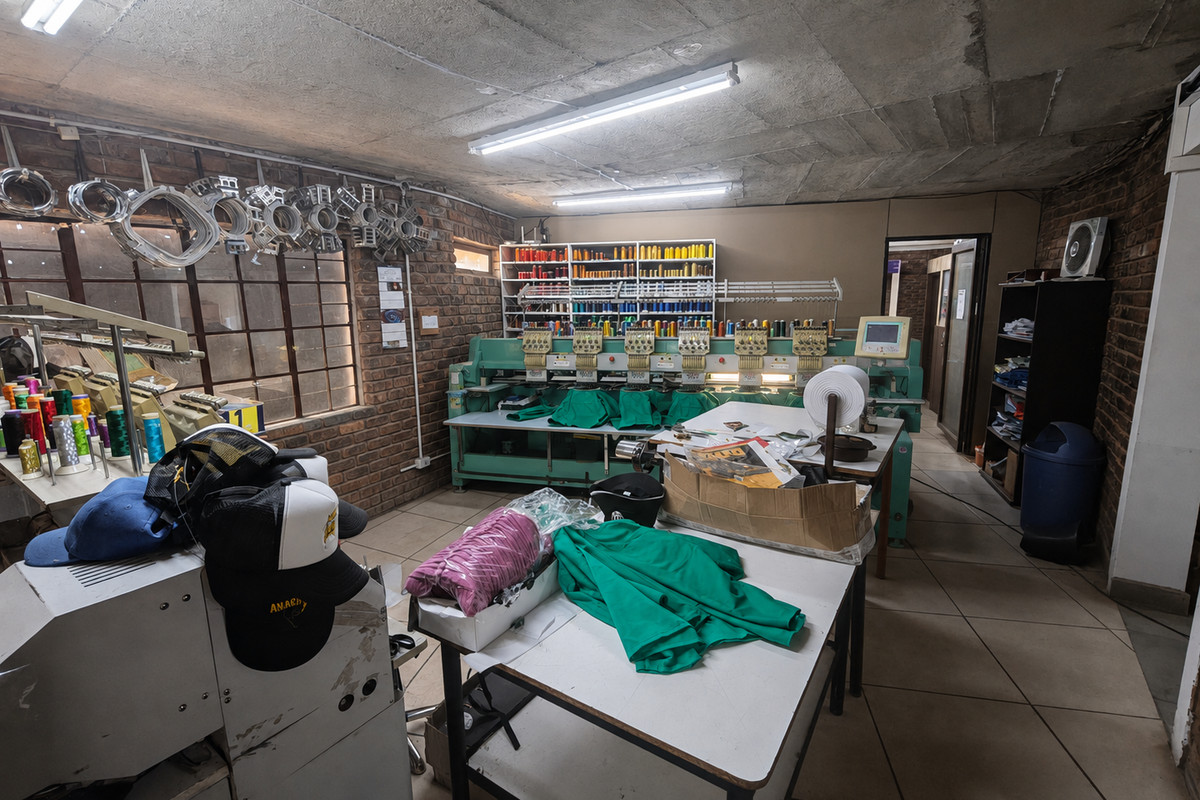 A functional industrial utility space featuring exposed brick walls, tiled flooring, and built-in shelving, currently utilized as an embroidery workshop.