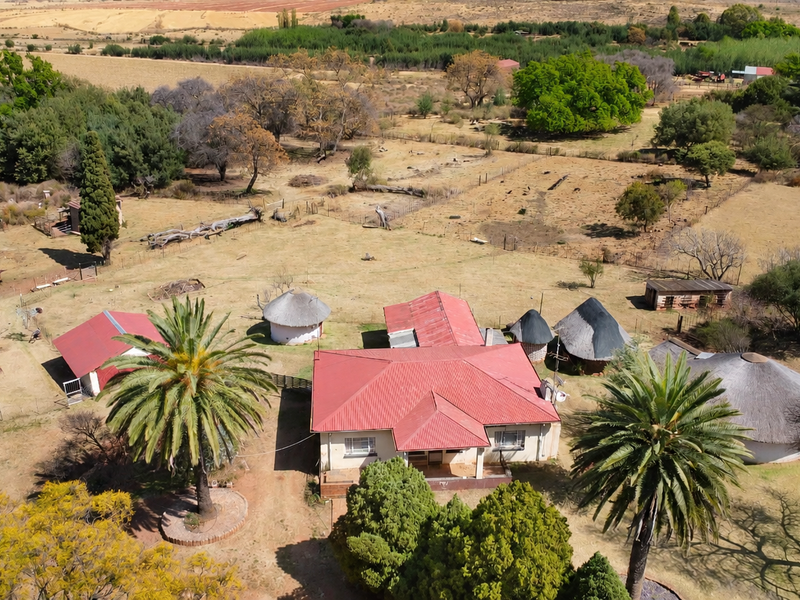 Aerial view of a farm property featuring a main residence with a metal roof, several outbuildings with thatched roofs, and surrounding agricultural land.